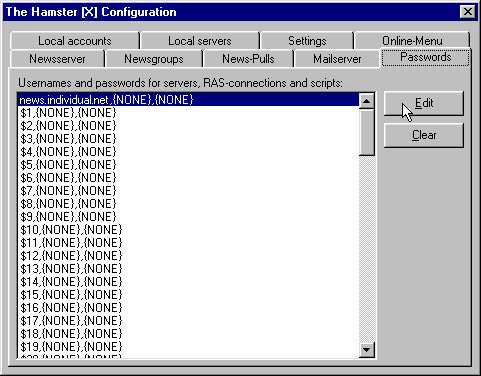 File / Configuration / Passwords / Edit - Enter the appropriate data for our news server