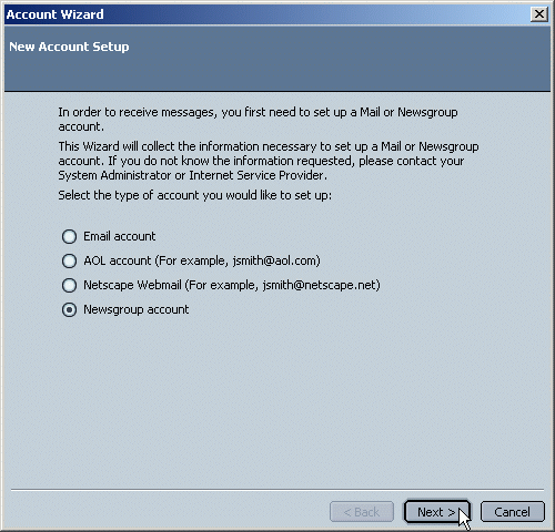 Account Wizard - Newsgroup account