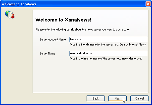 Welcome to XanaNews - Enter account and server name